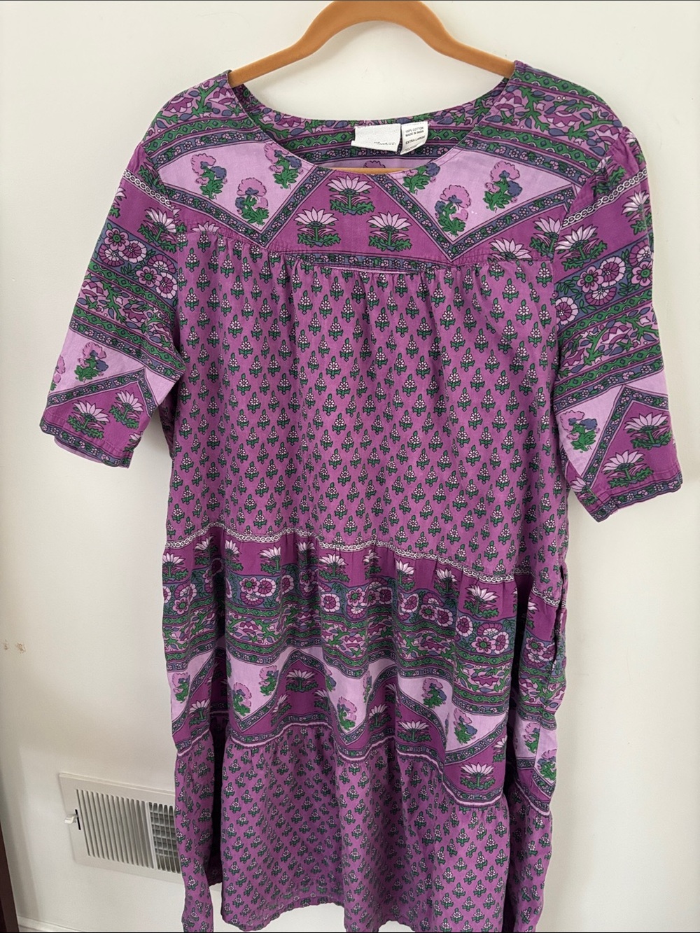 Vermont Country Store cotton midi dress, purple/green print, short sleeve, XL